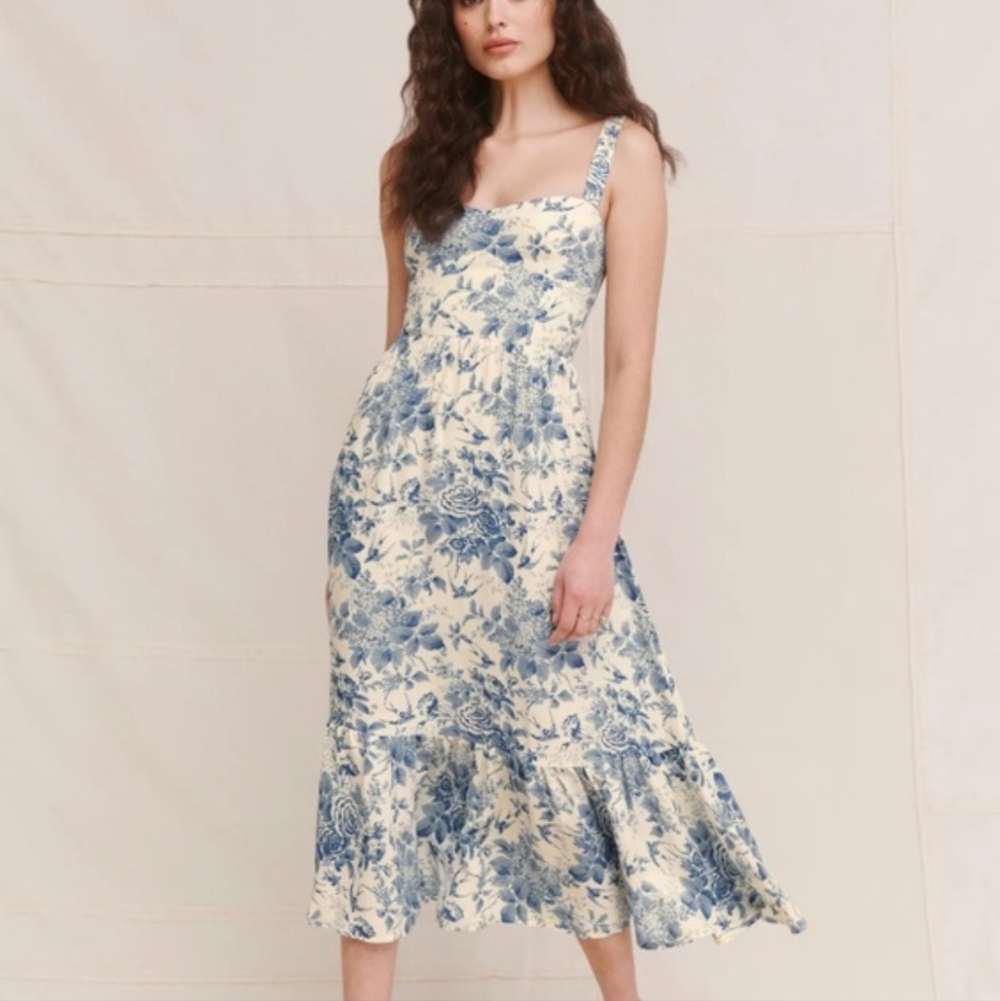 Reformation Celestia Cream and Blue Floral Midi Dress Pompadour Print Size 8